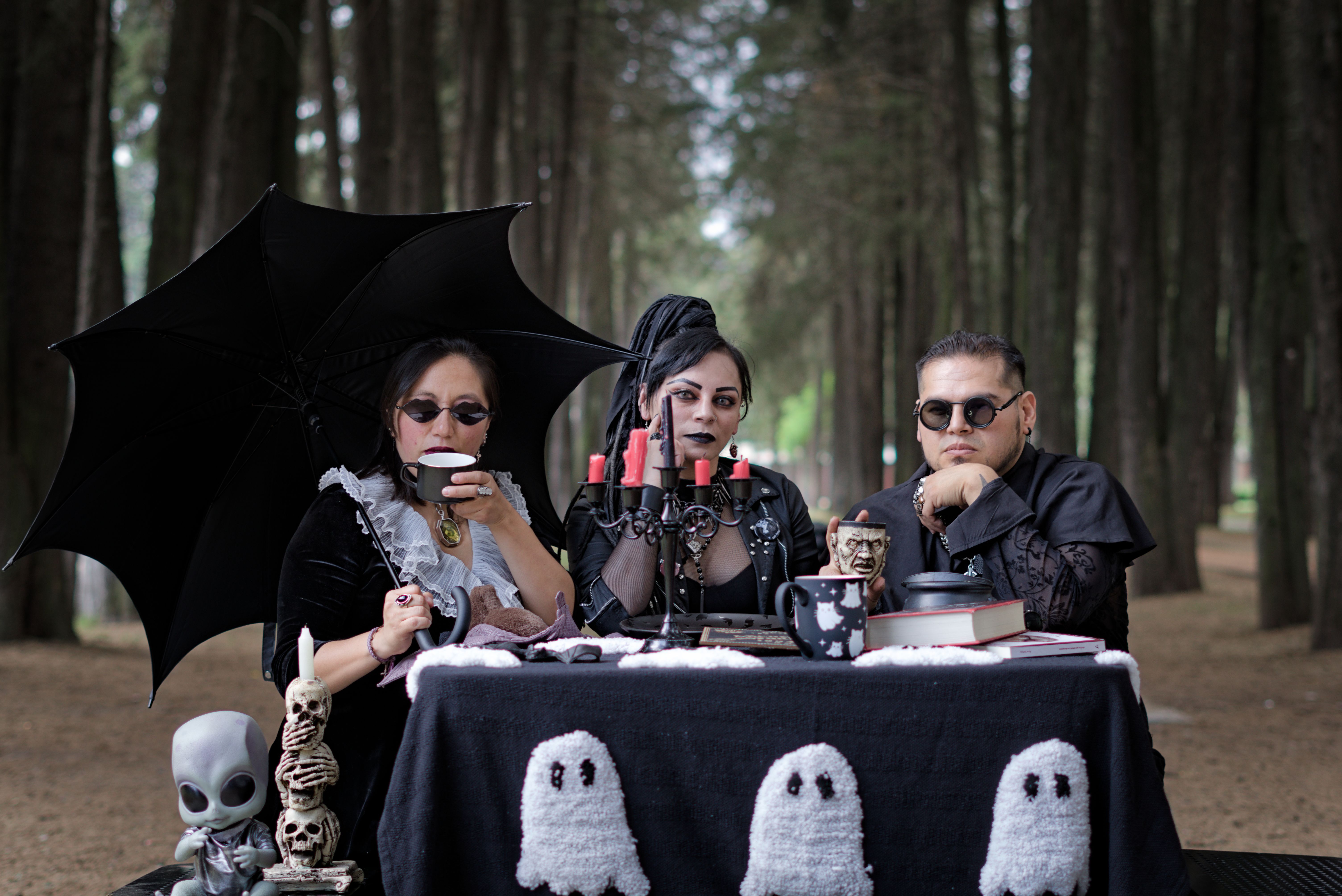 Three adults enjoy a Gothic-themed picnic in an enchanted forest with spooky decor.