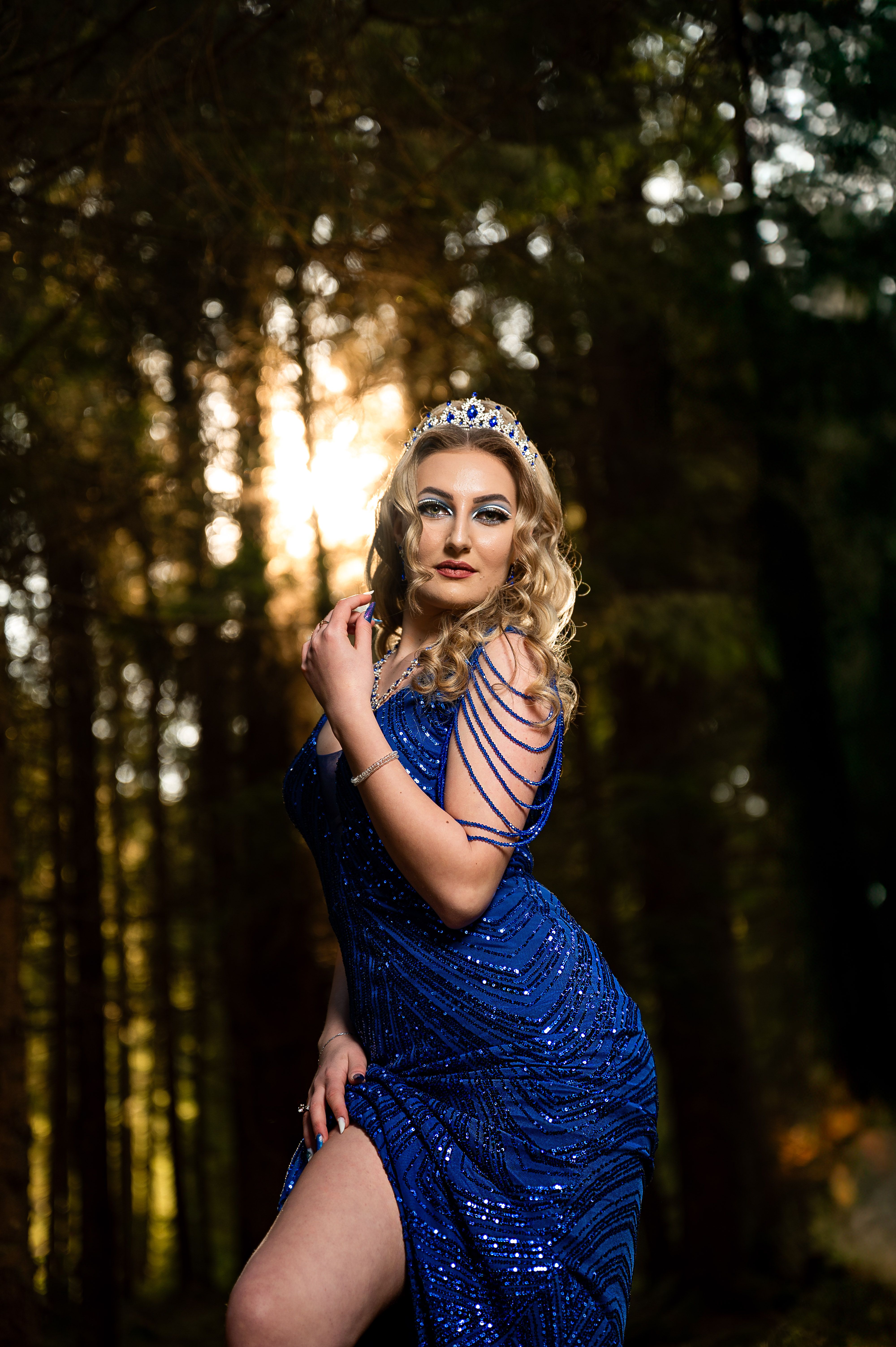 Elegant Woman in Blue Gown in Forest Setting · Free Stock Photo