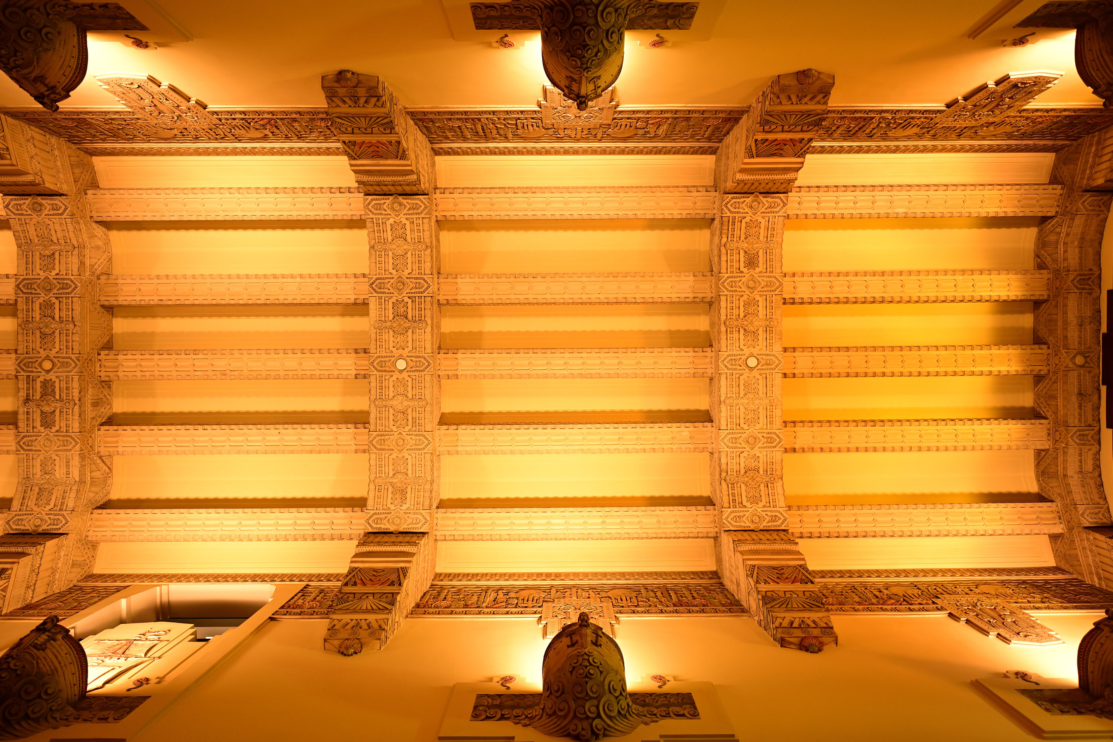 Detailed view of an intricately carved ceiling in Vancouver, highlighting architectural elegance.