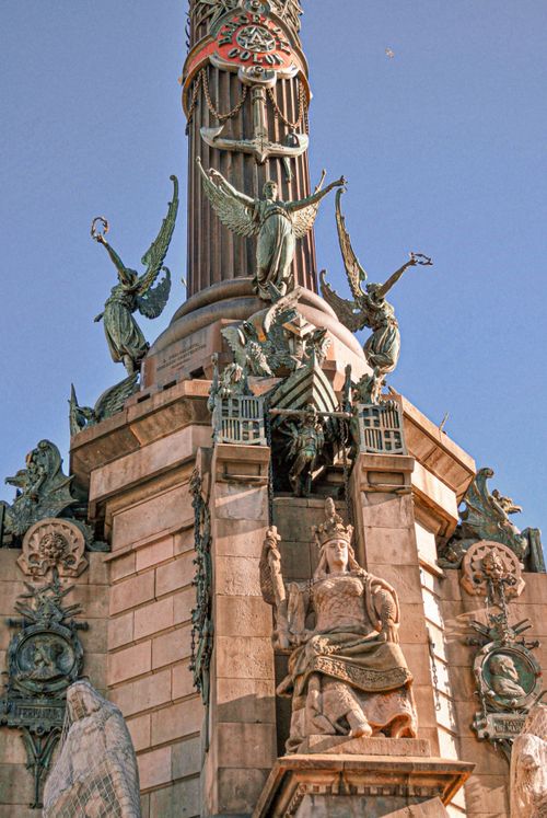 Free Detailed view of Columbus Monument's ornate sculptures in Barcelona, highlighting its artistic grandeur. Stock Photo