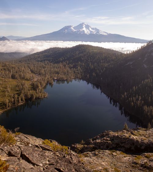 Free Breathtaking aerial view of Heart Lake with majestic Mount Shasta in California, USA. Stock Photo