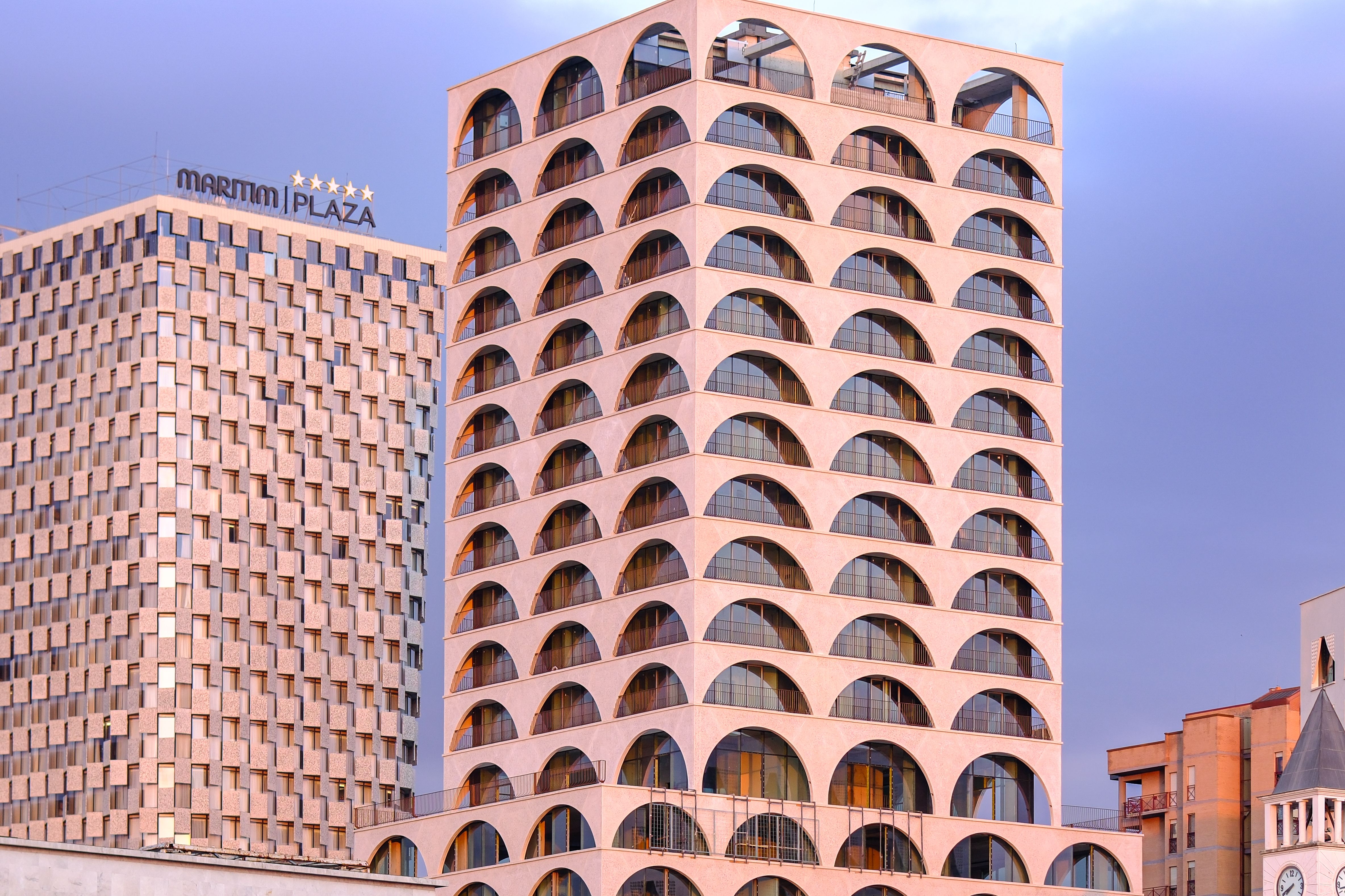 Contemporary buildings captured in Tirana, showcasing modern architecture.