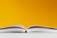 一本打开的书，以生动的黄色为背景的特写镜头，非常适合创意和概念设计