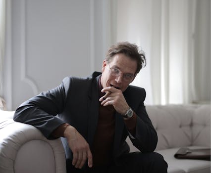 一位穿着黑色西装的自信商人坐在室内沙发上，表情深思熟虑