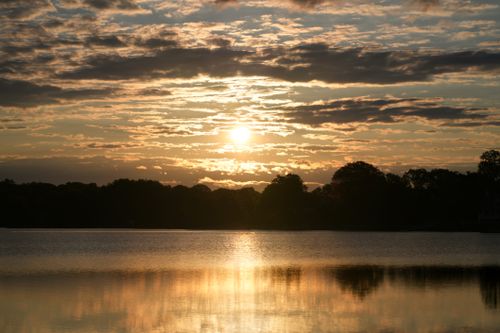 Free Beautiful sunset reflecting on a calm lake with silhouetted trees and cloudy sky. Stock Photo