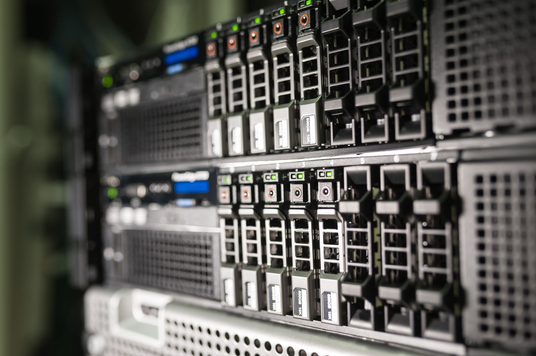 Close-up of server equipment in a modern data center highlighting technology infrastructure.