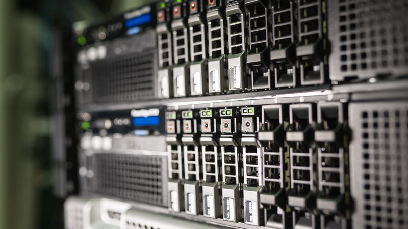 Close-up of server equipment in a modern data center highlighting technology infrastructure.