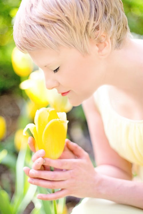 Wanita Mengenakan Gaun Kuning Memegang Bunga Tulip Kuning