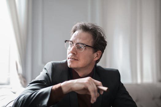 一位戴着眼镜的自信商人坐在室内，表情深思熟虑地望向远方