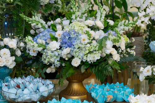 Free Stunning blue and white flower arrangement at a wedding in São Paulo, Brazil. Stock Photo