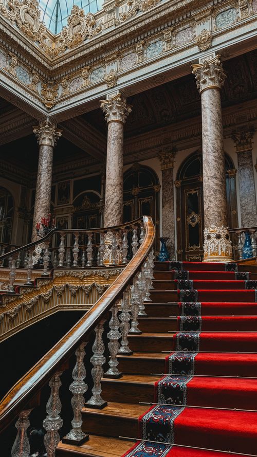 Free Ornate grand staircase with luxurious red carpet in a historic palace interior. Stock Photo