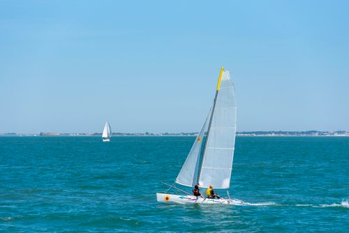Free Two sailboats navigating on a clear blue sea under a bright sky, perfect for a sailing adventure. Stock Photo