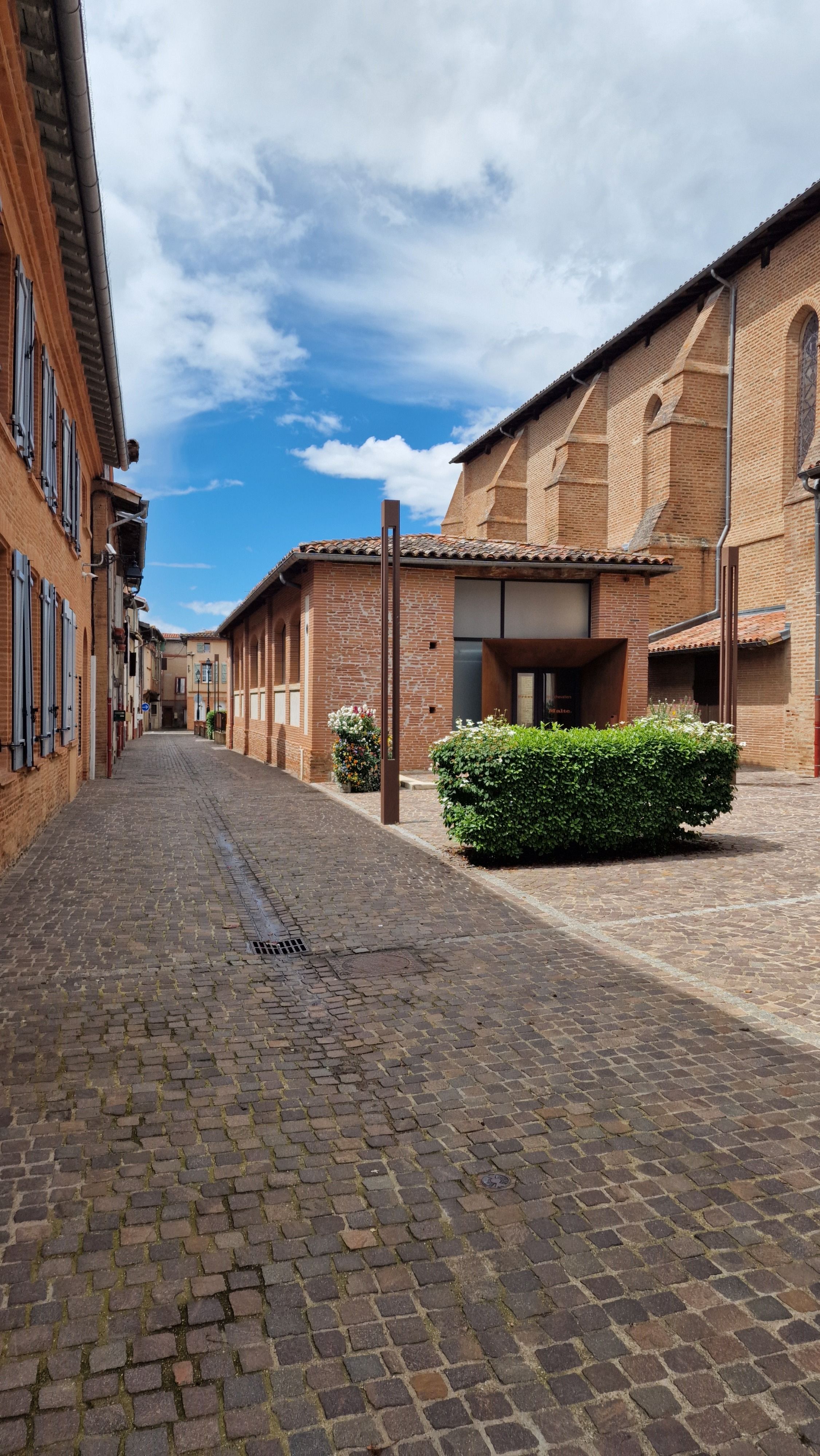 Charming cobblestone alley lined with historic brick buildings and clear blue sky.