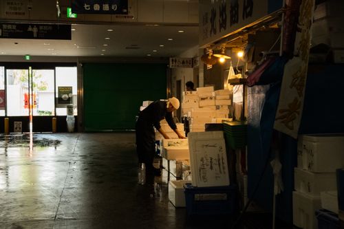 Free A worker at an Osaka fish market organizing boxes in dim indoor lighting. Stock Photo