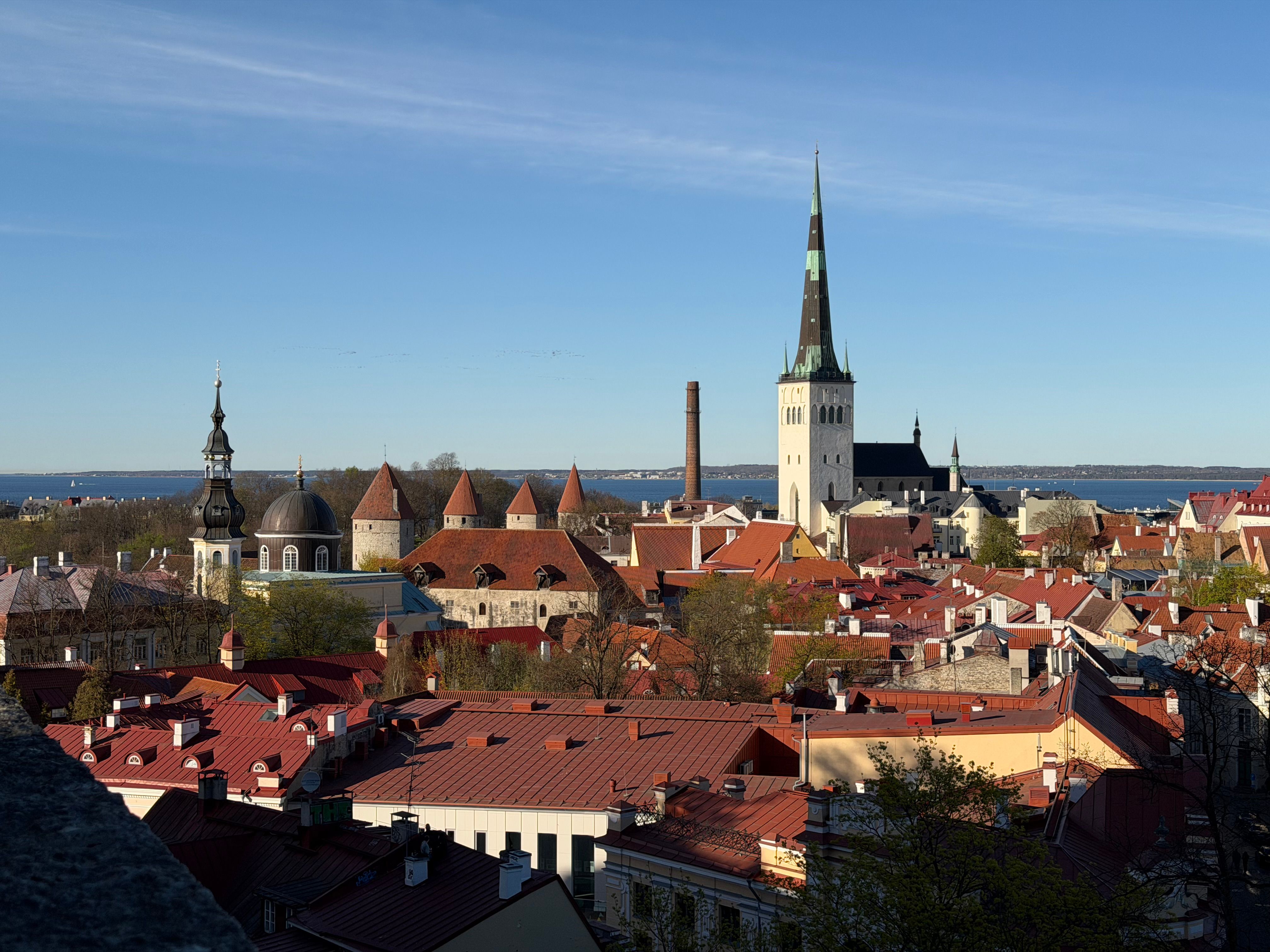 A scenic view of Tallinn's historic Old Town with St. Olaf's Church and red rooftops under a blue sky.