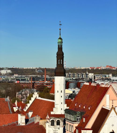 Free Stunning view of Tallinn's Old Town with a historical church spire against a clear blue sky. Stock Photo