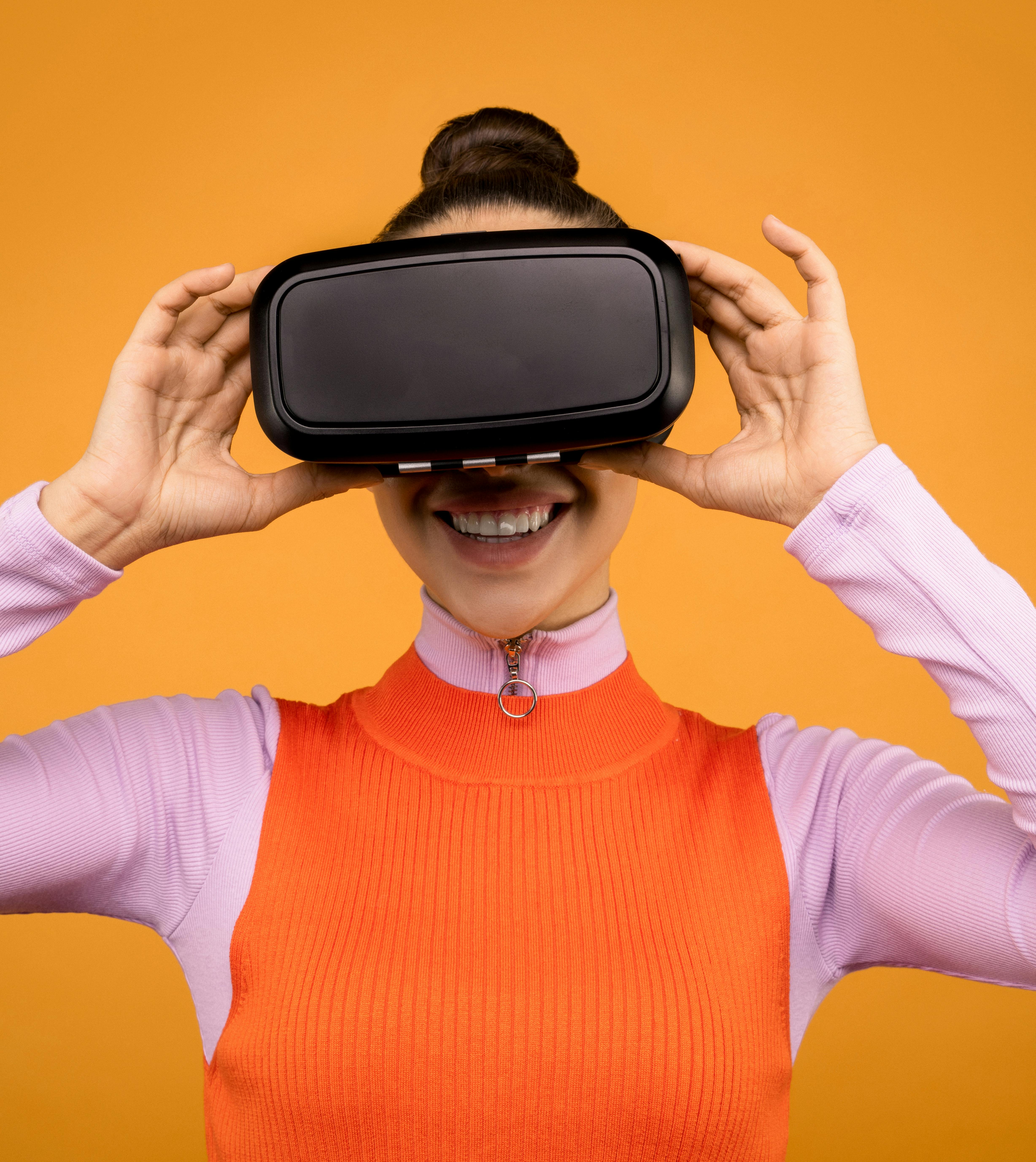 Woman Wearing Virtual Reality Goggles Stock Photo - Image 