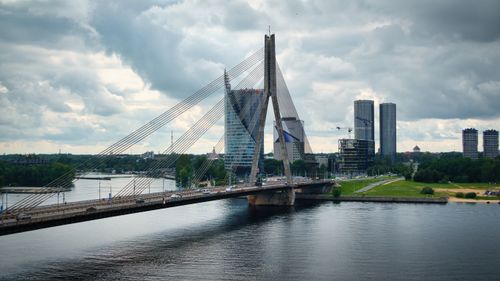 Free A striking aerial view of Vansu Bridge and Riga's modern skyline under dramatic skies. Stock Photo