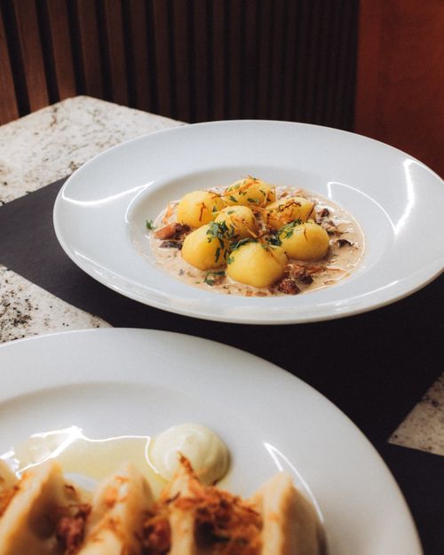 Free Delicious Polish dumplings served with a creamy sauce, garnished with fresh herbs. Stock Photo
