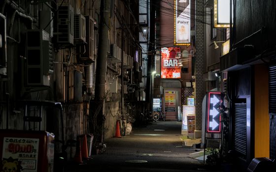 Explore the atmospheric alleyways of Osaka with illuminated signs and urban charm at night.