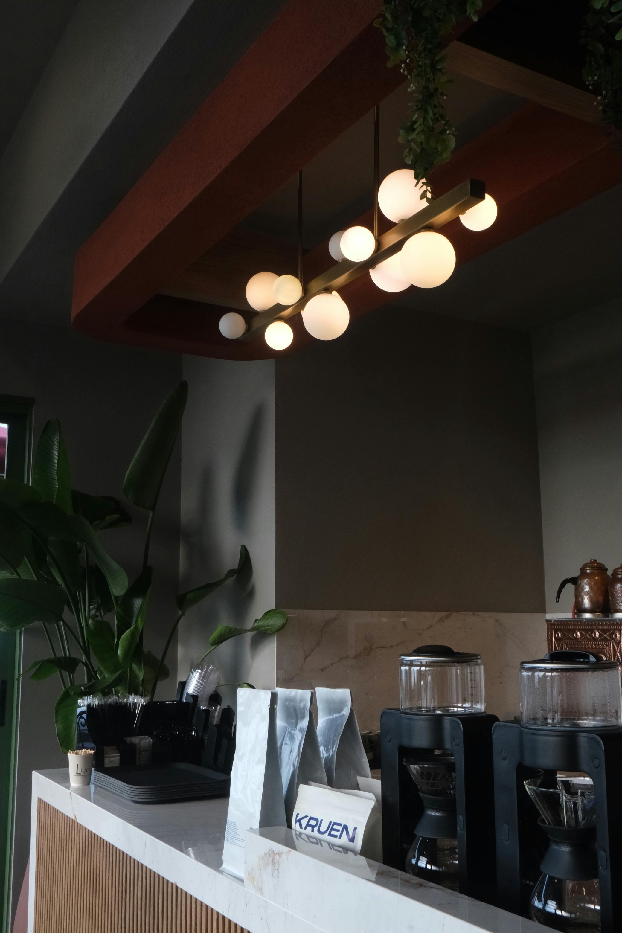 Stylish coffee shop interior featuring modern lighting, lush plants, and sleek equipment for a cozy ambiance.