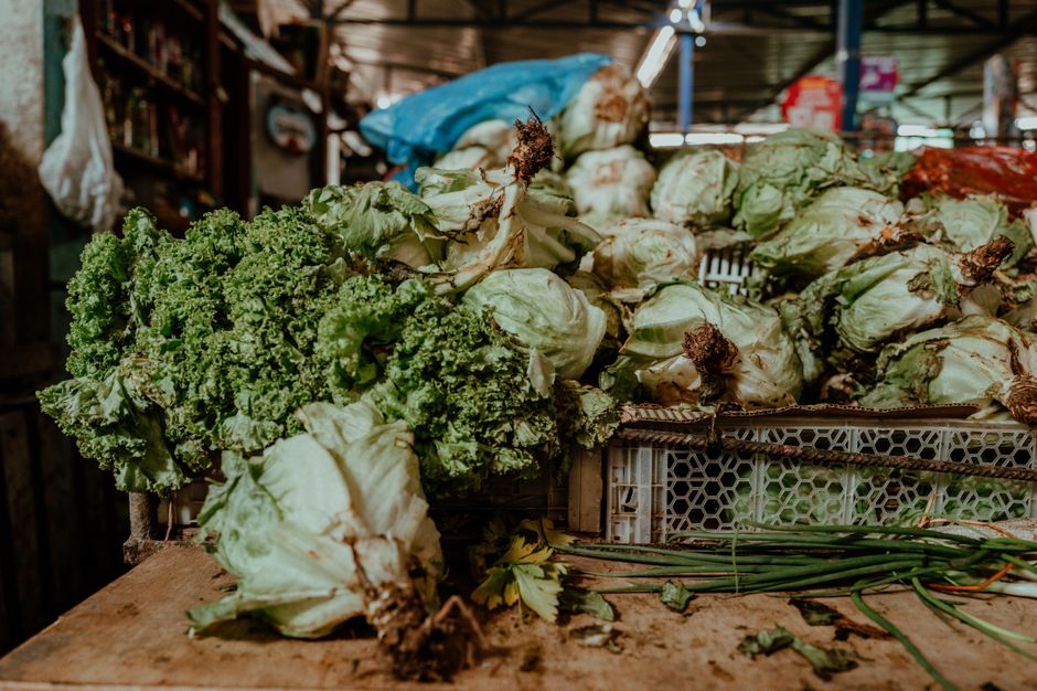 Wilted vegetables being prepared in a kitchen for cooking
