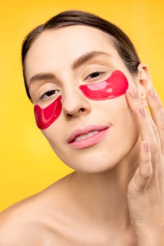 Close-up of a woman wearing red under-eye masks on a vibrant yellow background.