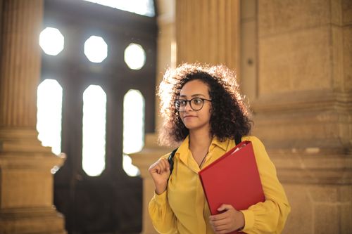 Free A young woman in a library carrying a red binder, bathed in sunlight. Stock Photo