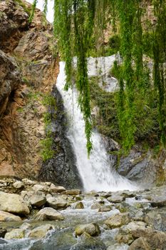 Beautiful waterfall cascading over rocks surrounded by lush greenery.