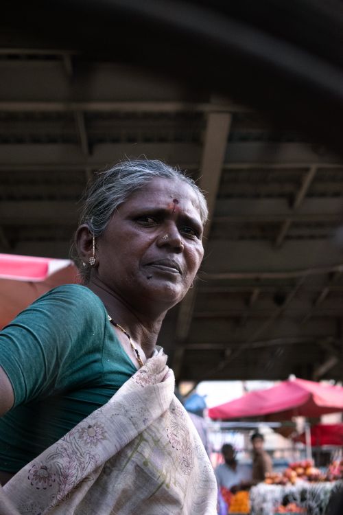 Free Candid portrait of an elderly woman in a traditional sari at an outdoor market. Stock Photo