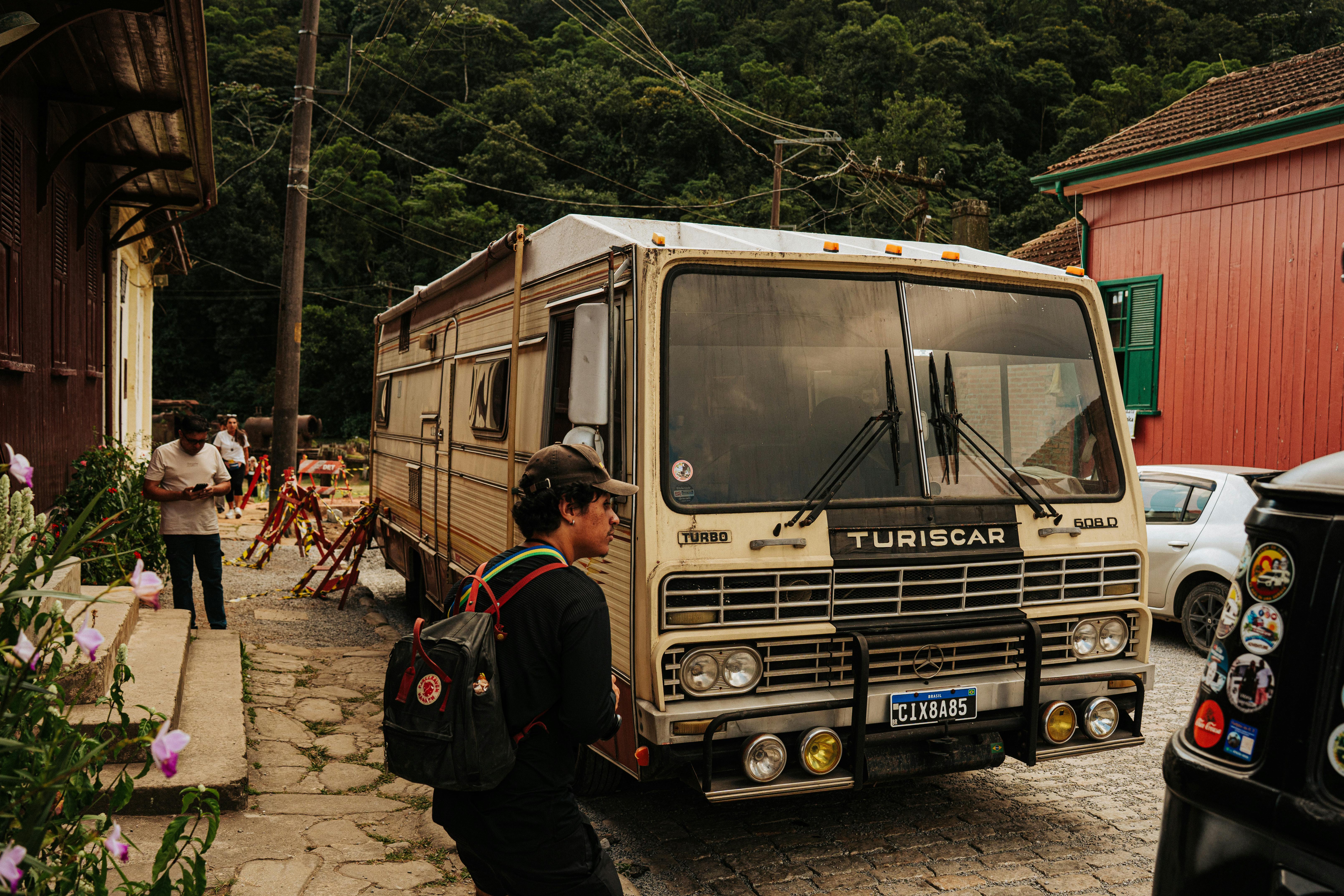 Retro camper van parked in the quaint streets of Paranapiacaba, São Paulo, Brazil.