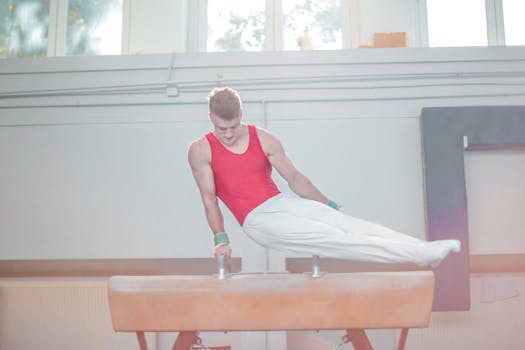 一名体操运动员在室内鞍马上练习，展现了力量与敏捷