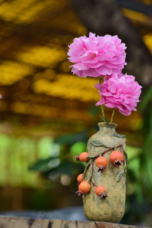 Free Beautiful pink peony flowers in a ceramic vase with decorative details, under soft natural lighting. Stock Photo