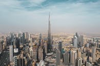 在晴朗的天空下，迪拜天际线的鸟瞰图令人叹为观止，其中哈利法塔是现代摩天大楼中的标志性建筑