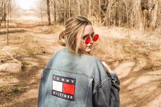 一位戴着太阳镜、身穿牛仔夹克的时尚女子走过林间小路