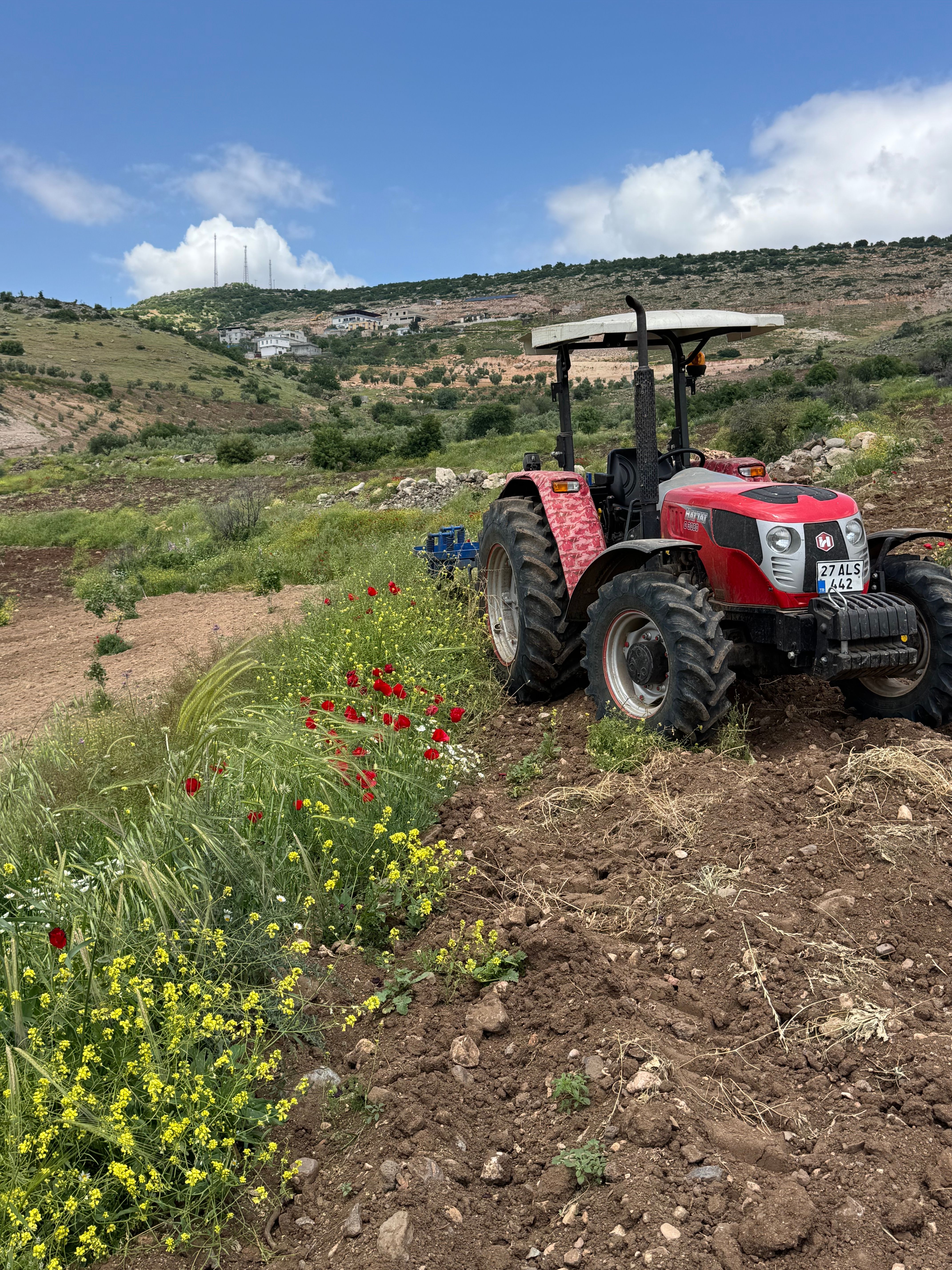Tractor Rojo En Un Entorno De Tierras De Cultivo Verdes Y Exuberantes ...