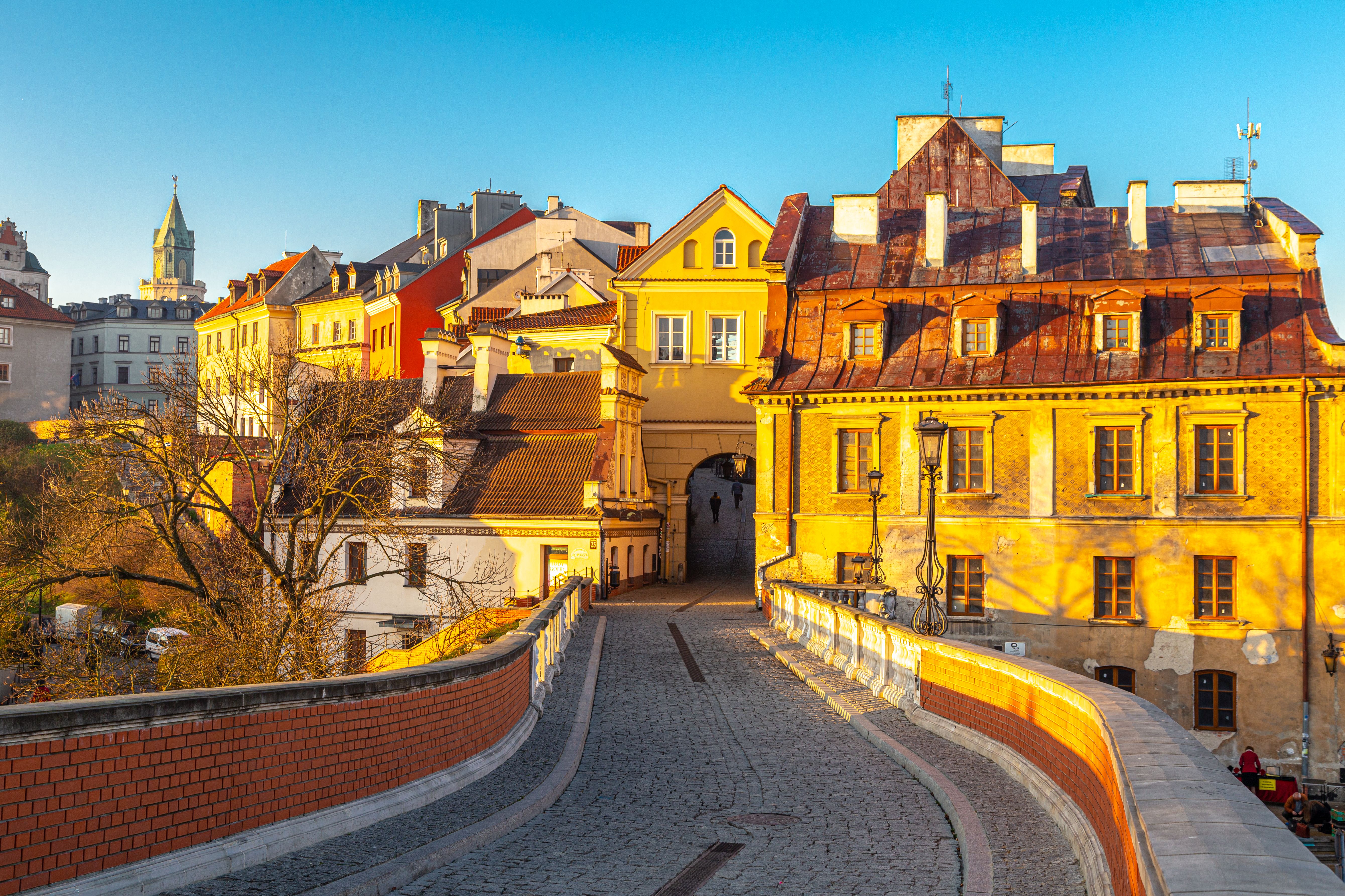 A picturesque view of historic architecture and cobblestone streets in Lublin's Old Town.