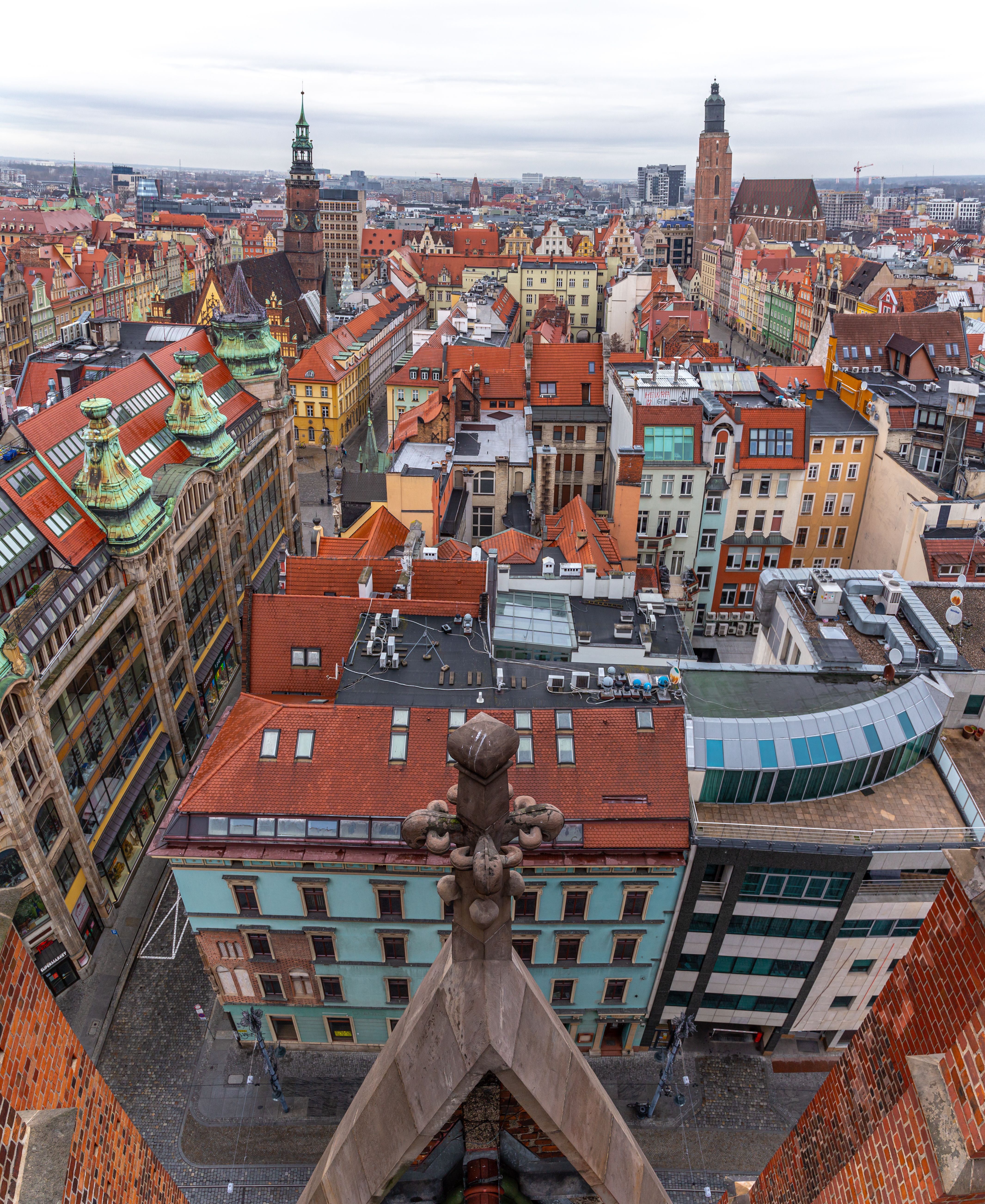 A stunning aerial view capturing the vibrant architecture and rooftops of historic Wrocław, Poland.