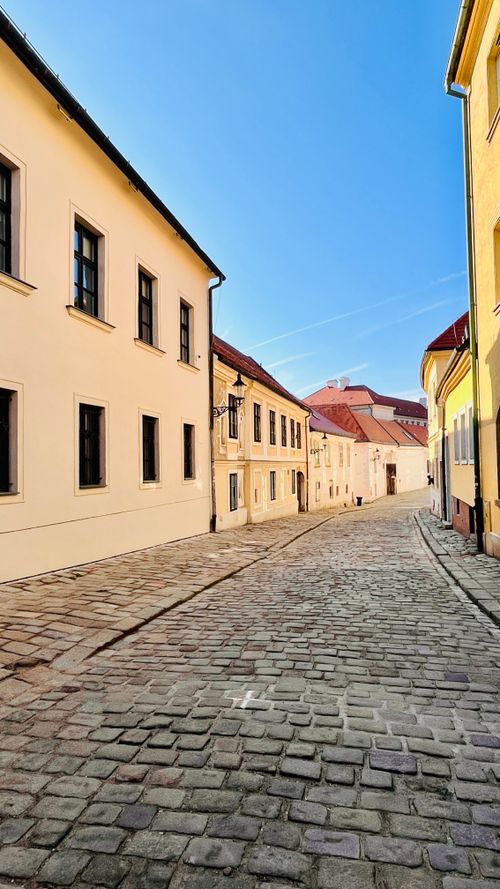 Free Scenic cobblestone street with historic buildings under a clear blue sky. Perfect for travel and architecture themes. Stock Photo