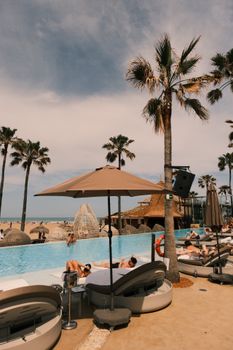 Tranquil beachside pool surrounded by palm trees and sun loungers on a sunny day.