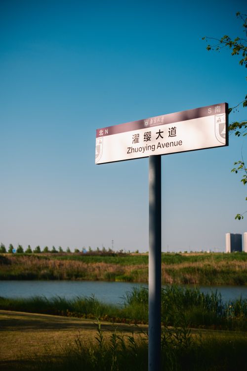 Free Daytime view of Zhuoying Avenue street sign beside a serene riverside with clear blue sky. Stock Photo