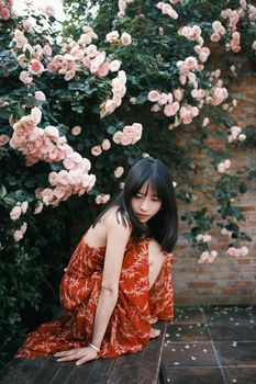 A serene woman in a red dress sitting amongst blooming pink roses against a brick wall.