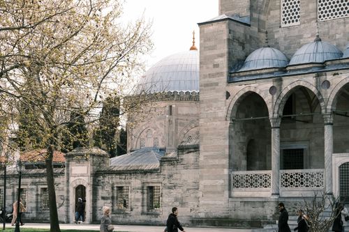 Free People walking near historic Ottoman architecture in Istanbul, featuring detailed stonework and domes. Stock Photo