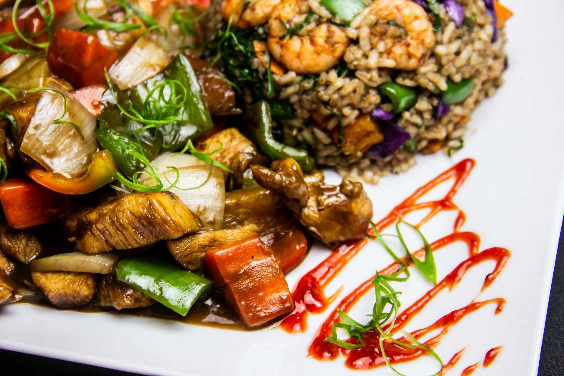 Stir Fry with Rice Served on White Plate