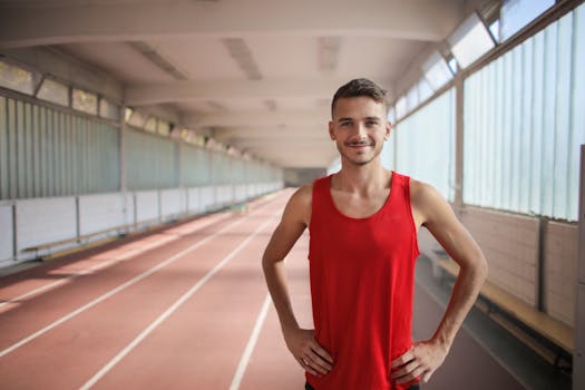 A confident male athlete smiling in a red vest on an indoor track, embracing fitness.