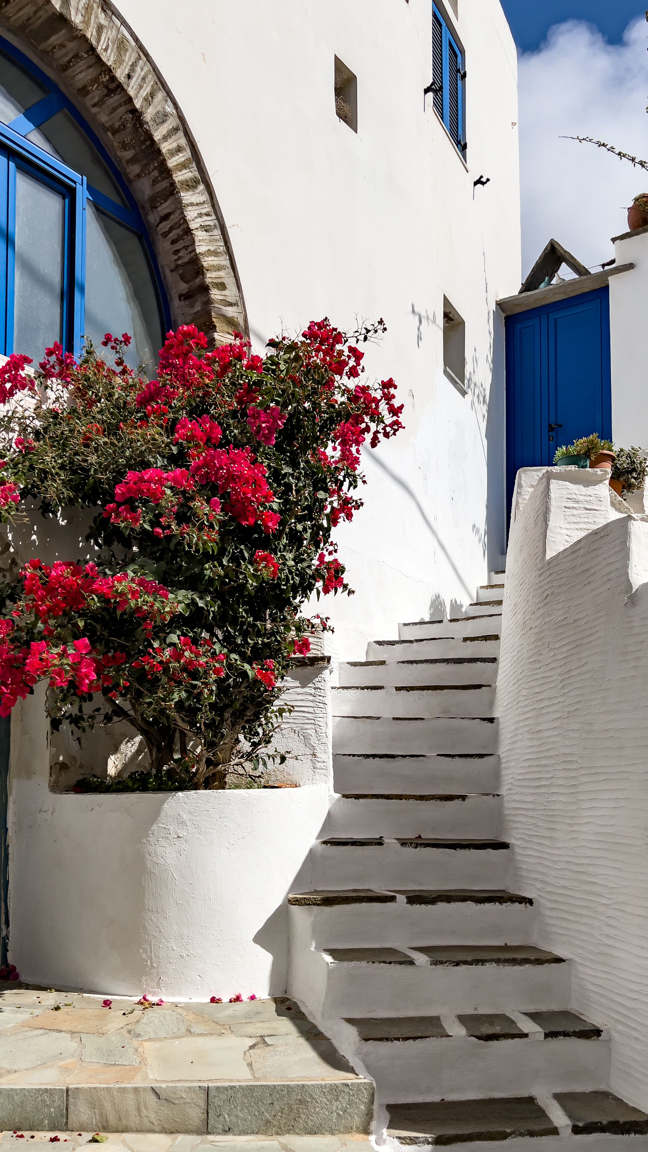Stunning whitewashed Greek architecture with vibrant bougainvillea on a sunlit island street.