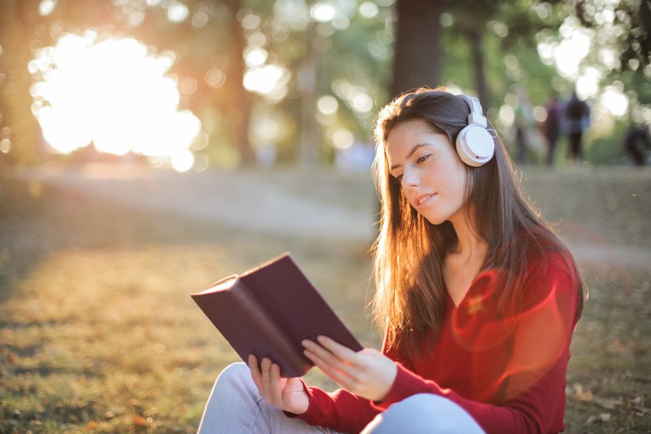 woman focused reading clear mind