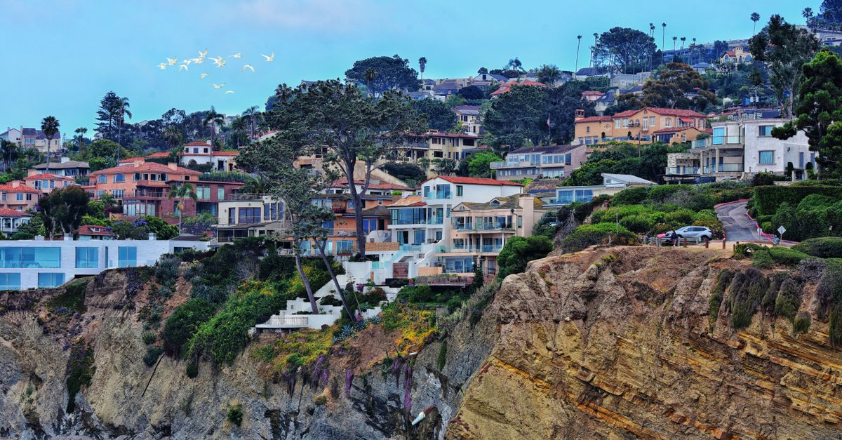 Beautiful cliffside homes in San Diego, California, with the ocean below and birds flying overhead.
