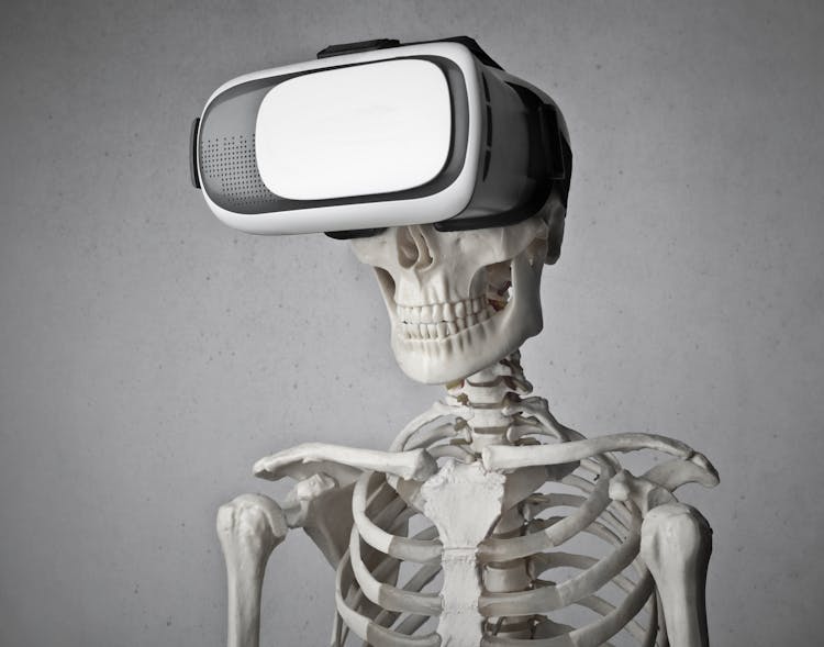 Portrait Photo Of Skeleton In Front Of Gray Background With White And Black VR Goggles On