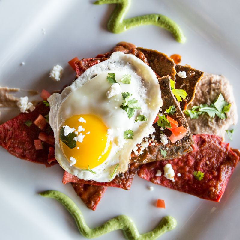 Chilaquiles Rojos with Fried Eggs